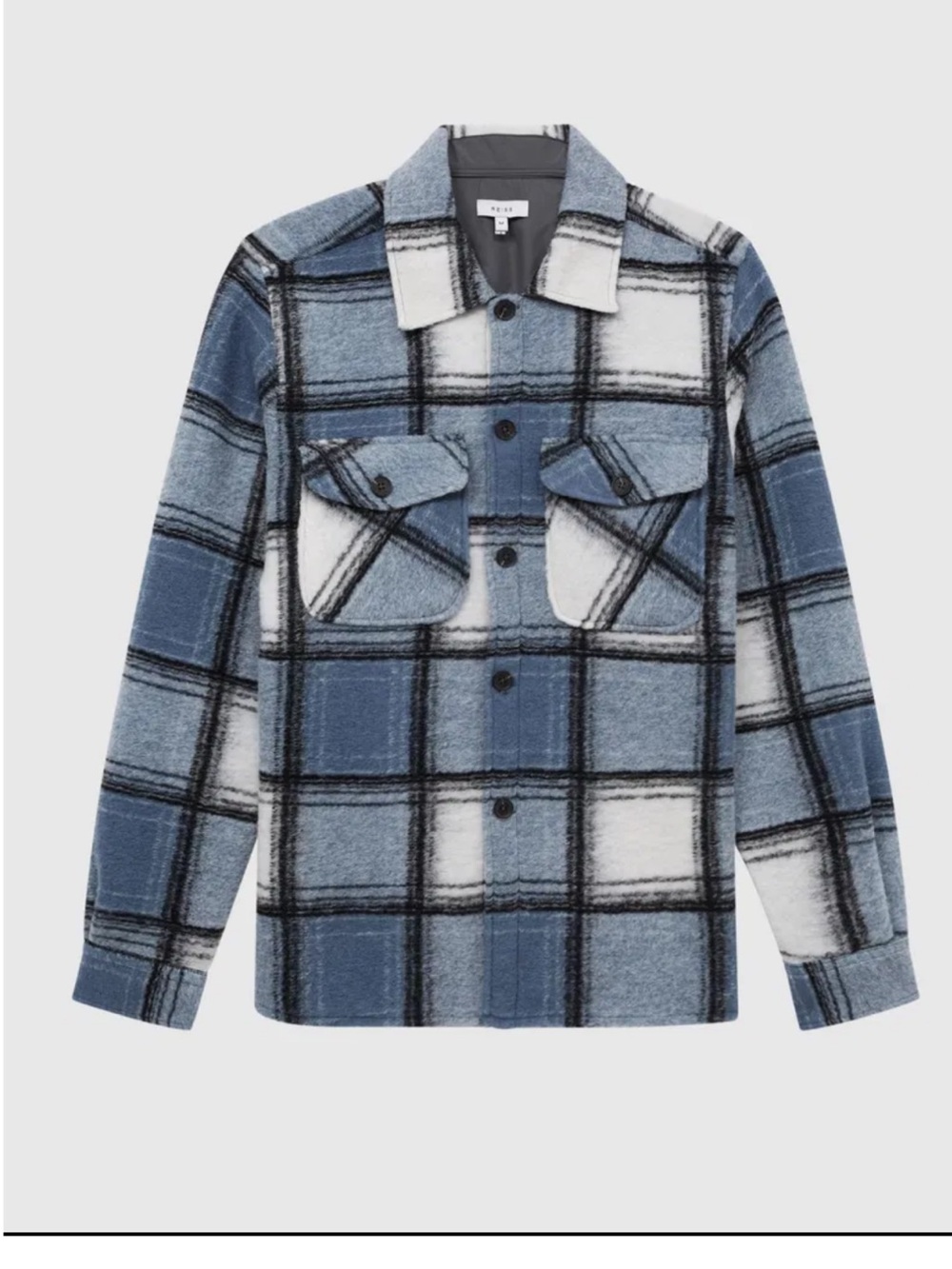 Reiss Belair XLarge Check Wool Blend Overshirt Blue & Cream Plaid Shacket